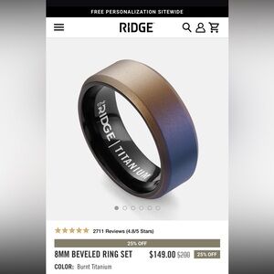 Brand New Never Worn Ridge Men's Burnt Titanium Beveled Ring Size 12.5